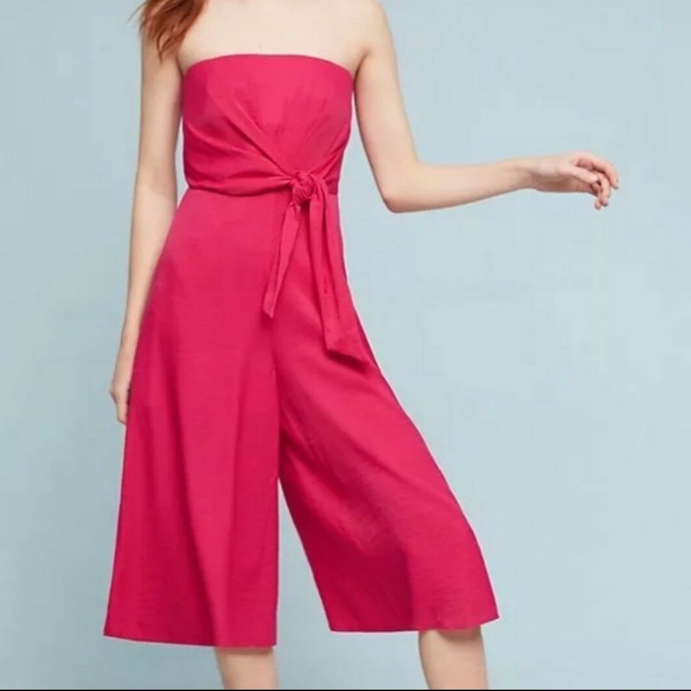 Anthropologie Maeve Brin Cropped Wide Leg Rose Pink Strapless Jumpsuit Sz 8